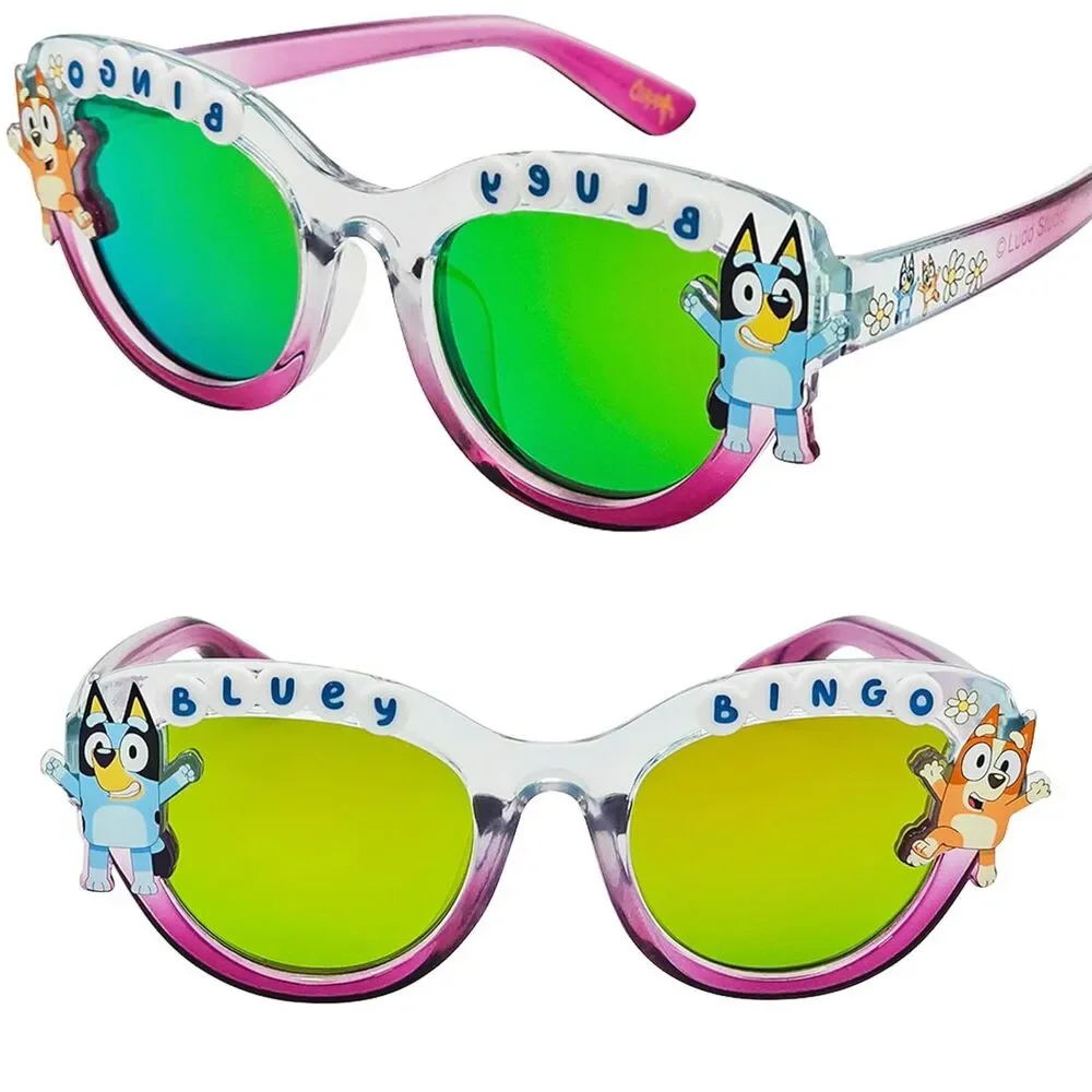 Bluey Bingo Girls Clear Pink Round Sunglasses Mirrored Green Lenses Kids